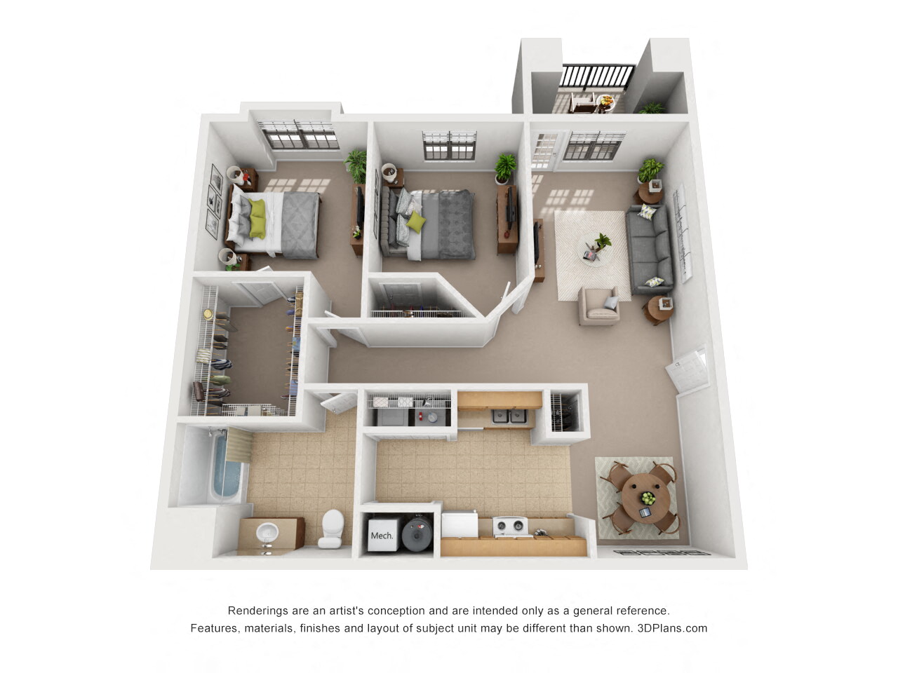 Floor plan for 2 beds, 1 bath, 852 sqft